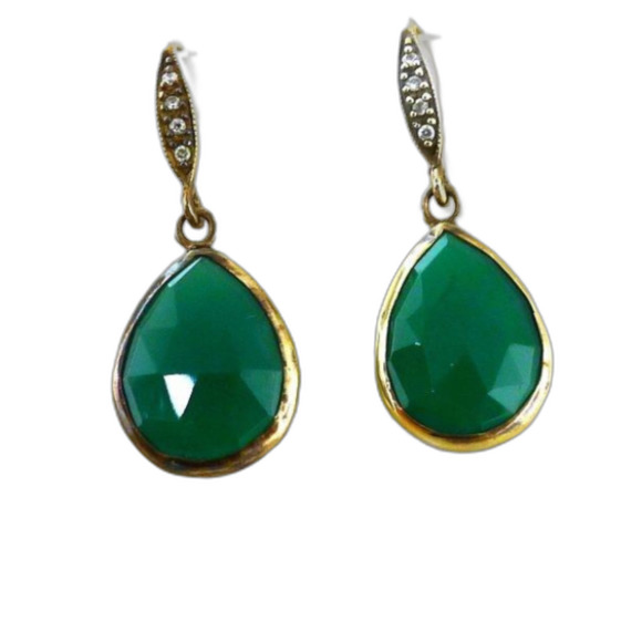 Pear Shaped Green Onyx & CZ 1.25" Sterling Silver Earrings from India - Picture 2 of 5